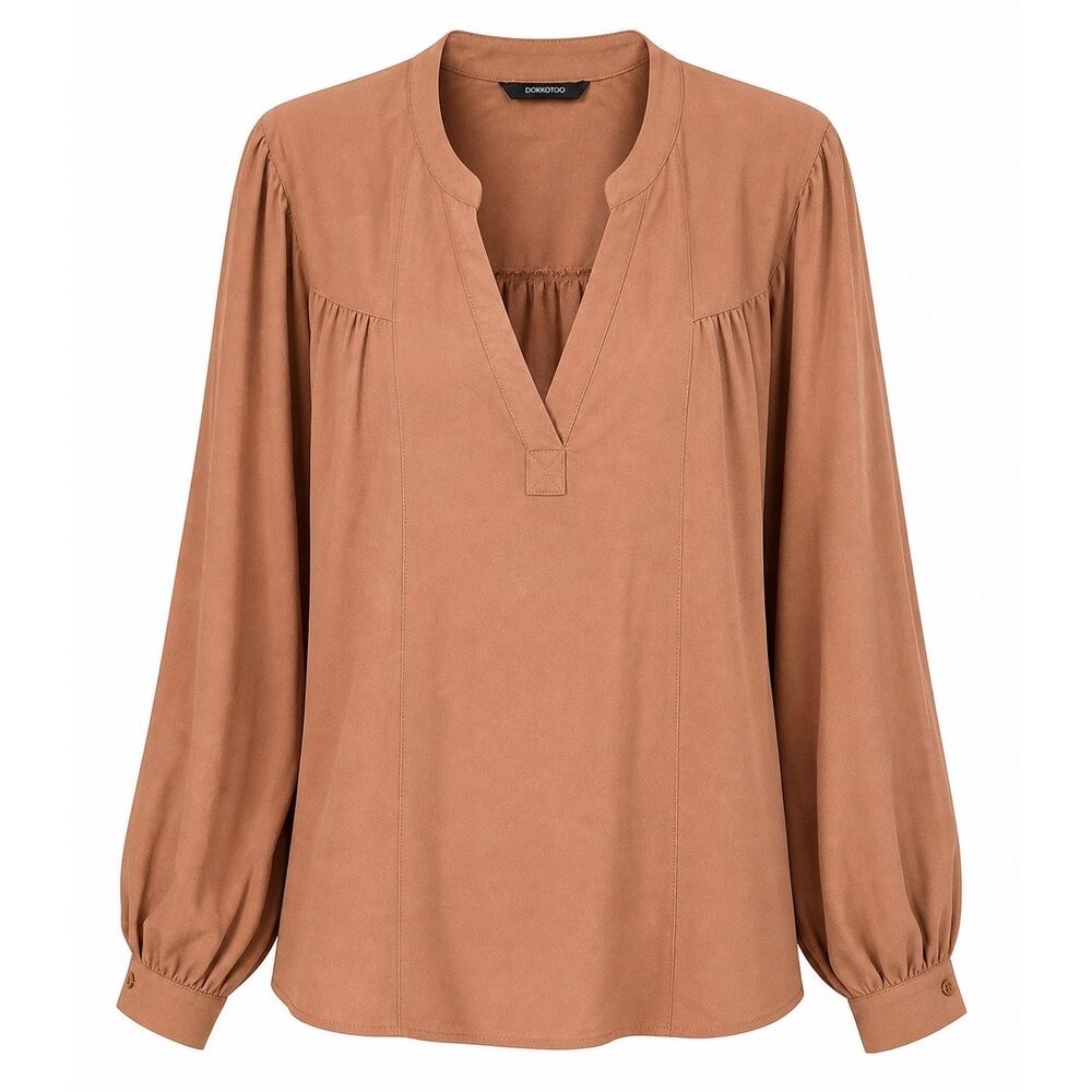 Dokotoo Womens XL Tan VNeck Blouse Puff Sleeve Quiet Luxury Boho Coastal Chic